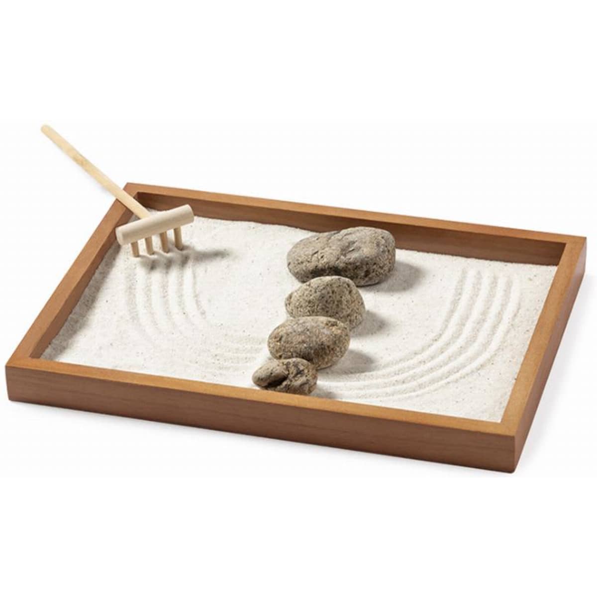 A small wooden tray filled with sand, featuring three rocks and a miniature rake for creating patterns.