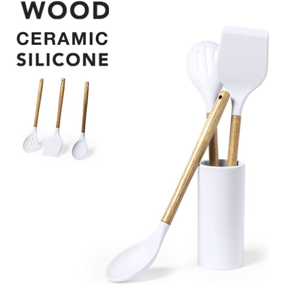 A utensil holder with white ceramic and silicone cooking tools featuring wooden handles.