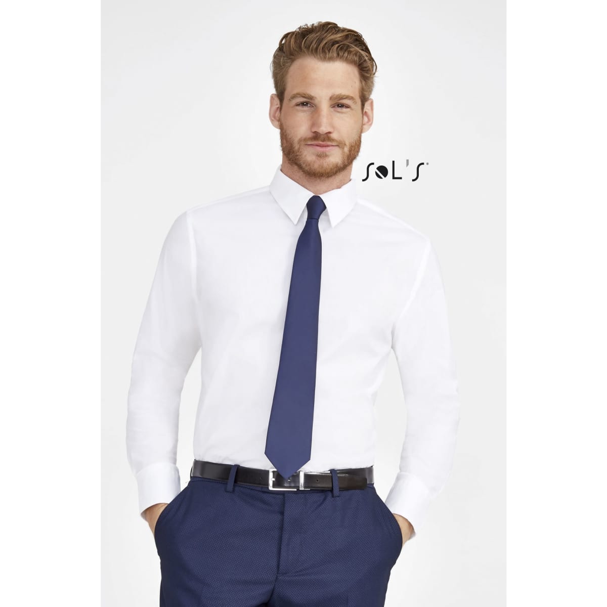 A men's long sleeve shirt in white, paired with a navy tie, showcasing a polished and professional look.