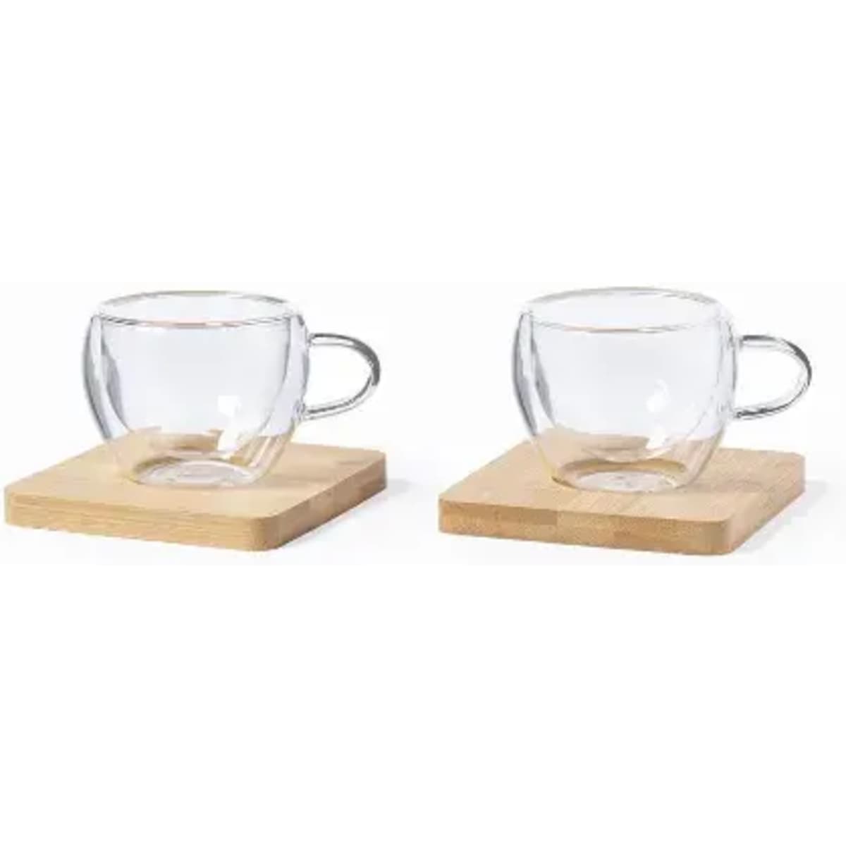 Two glass coffee cups with handles, each placed on a square wooden coaster.