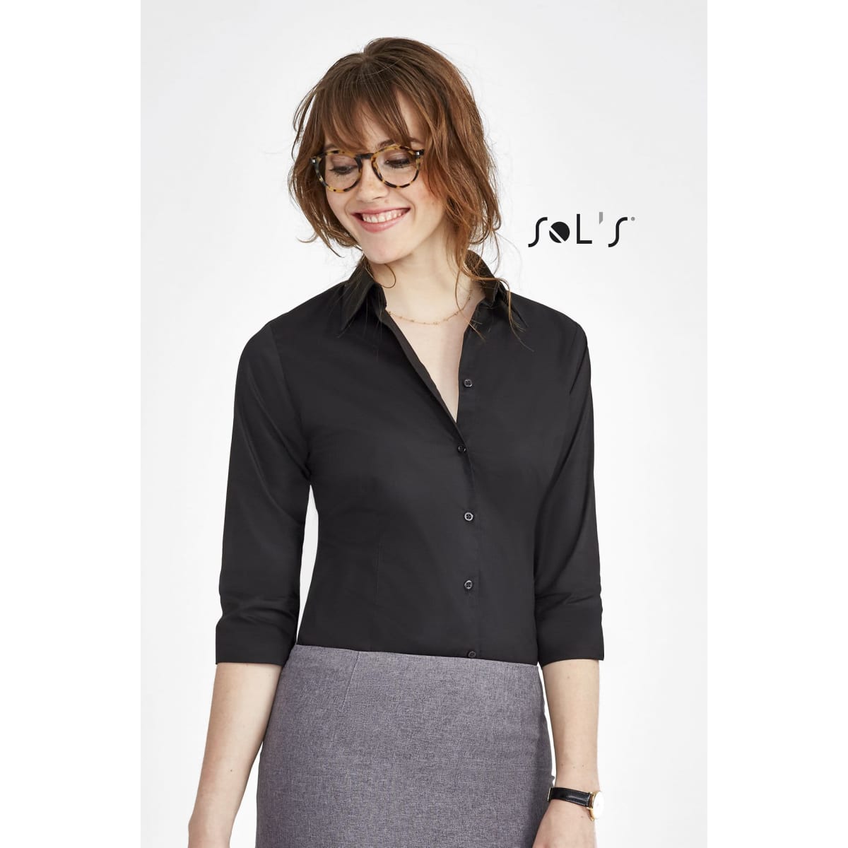 A black women's business shirt with 3/4 sleeves, featuring a button-up design and a logo on the side.