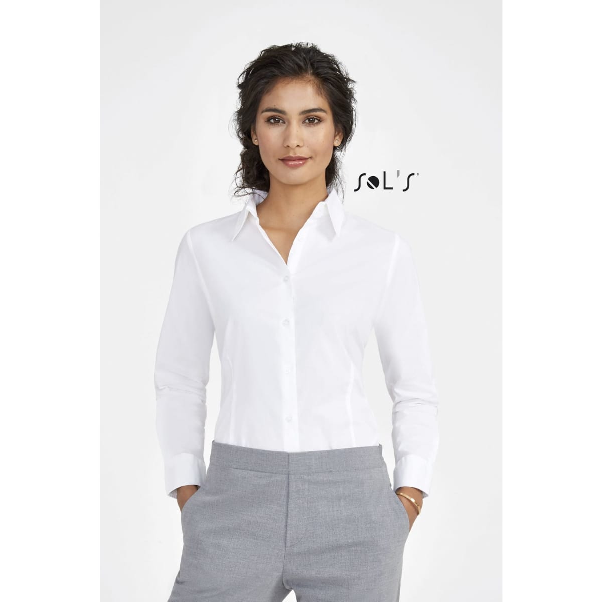 A white long sleeve women's business shirt with a collared neckline, featuring a logo on one side.