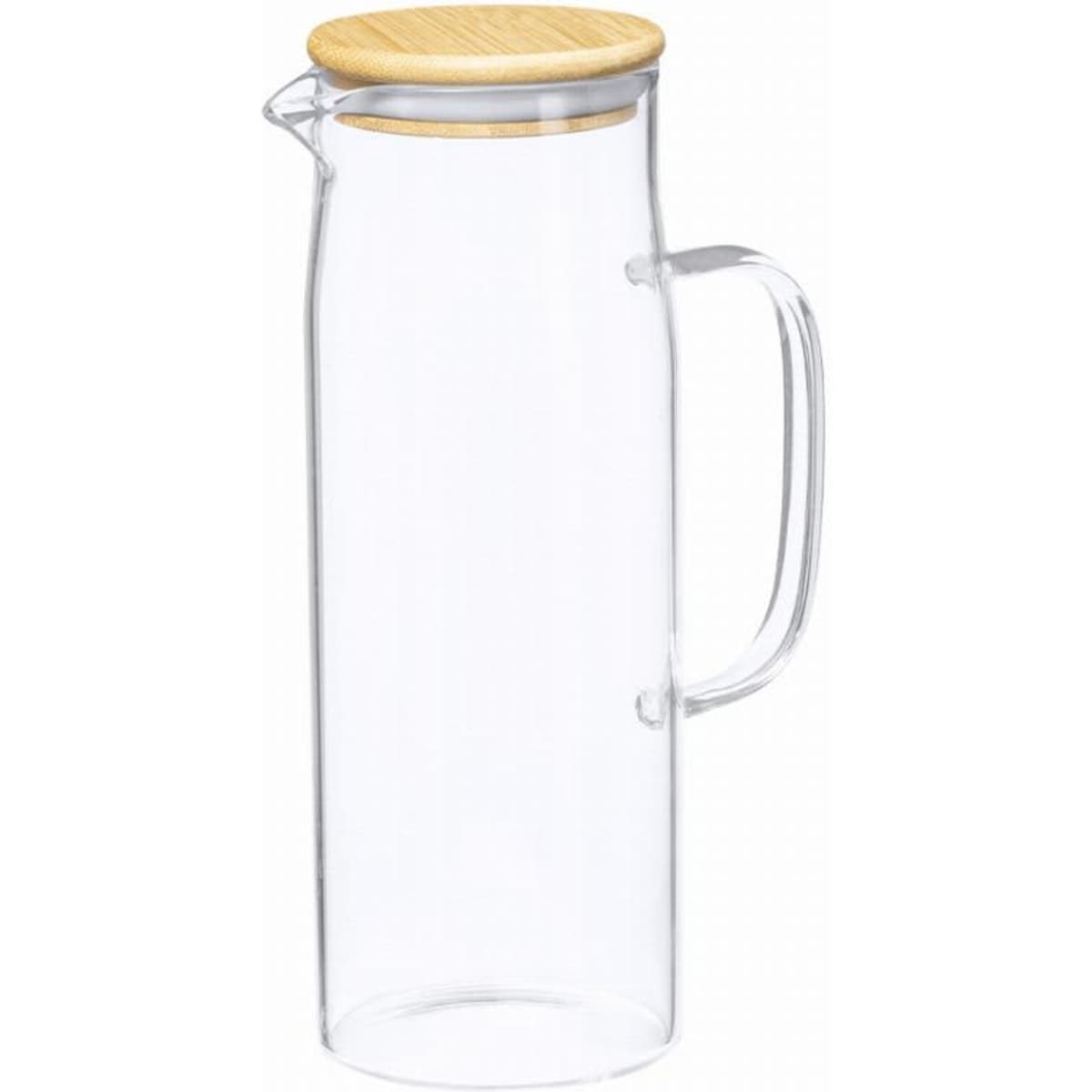 A drink bottle with a clear glass body and a wooden lid, featuring a handle for easy pouring.