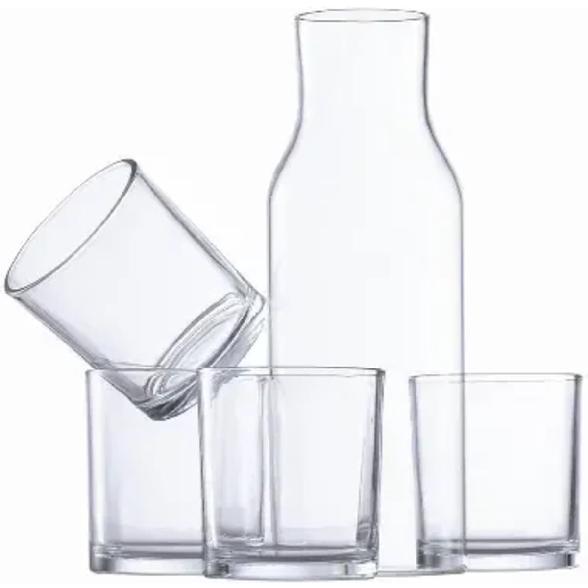 A glass drink bottle with four clear glasses, one tipped over, all featuring a minimalist design.