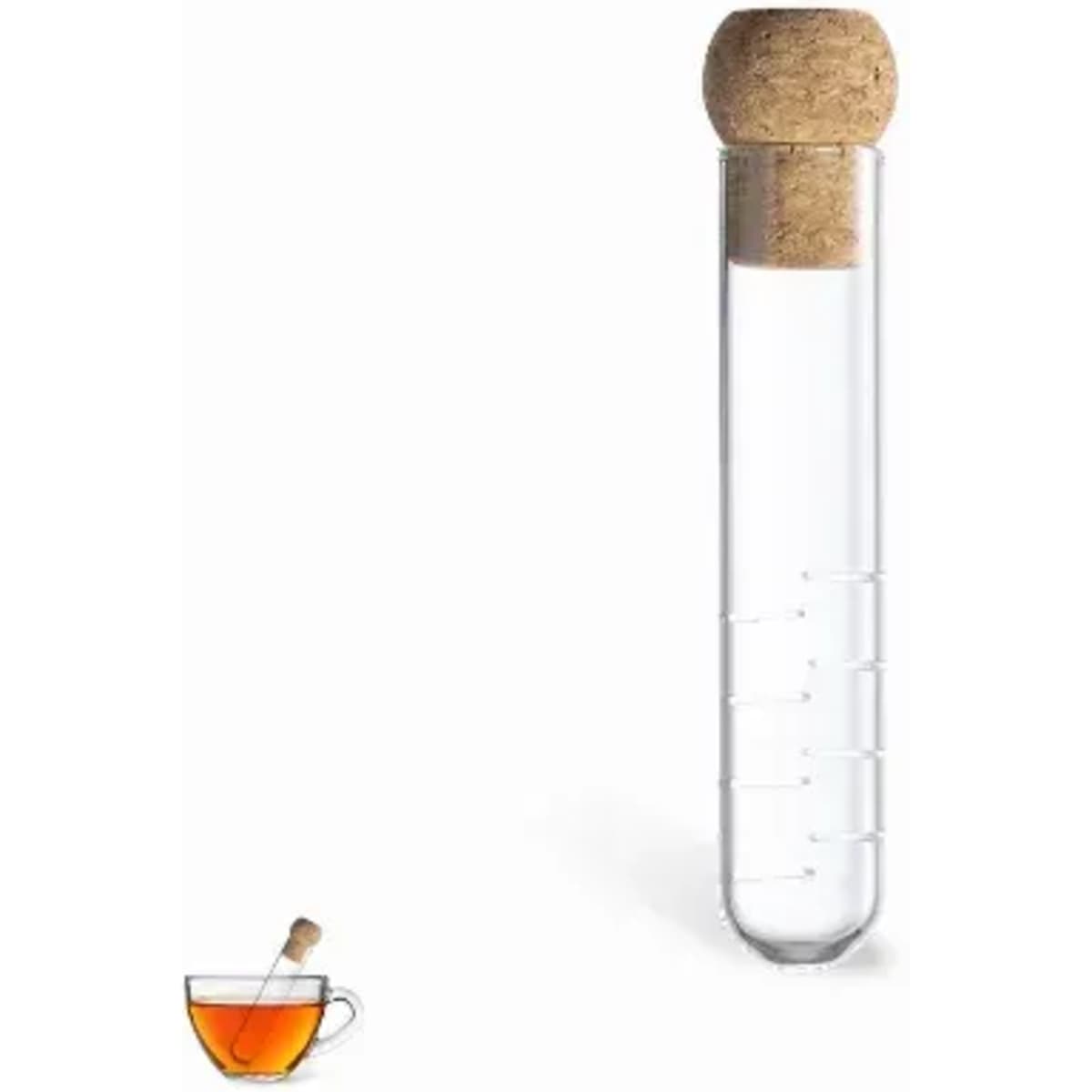 A drink bottle with a cork stopper, featuring a clear glass body and measurement markings.
