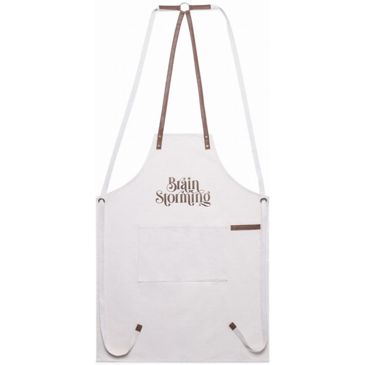 A white apron with brown straps and a pocket. The apron features a decorative logo.