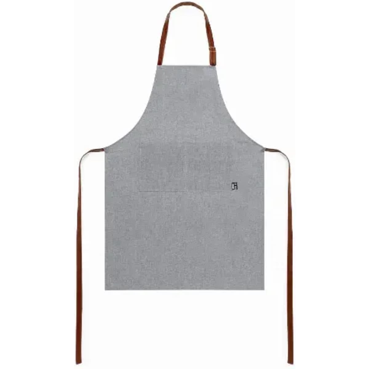 A grey apron with brown straps and a logo at the front. The design is simple and functional.