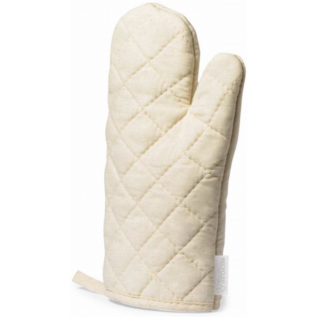 A cream-coloured oven mitt with a quilted pattern, featuring a hanging loop for storage.