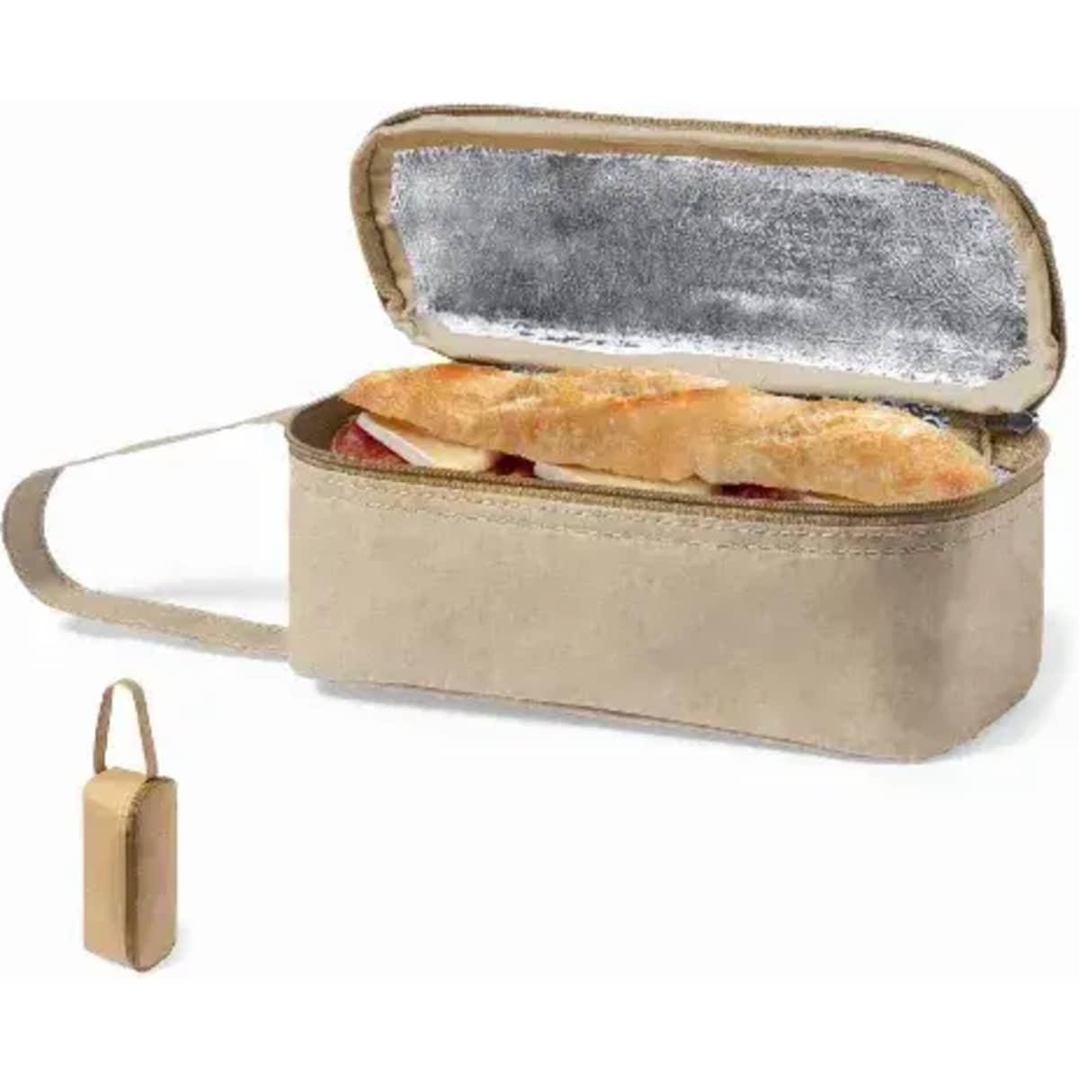A beige insulated lunch bag with a silver interior, featuring a strap and holding a baguette.