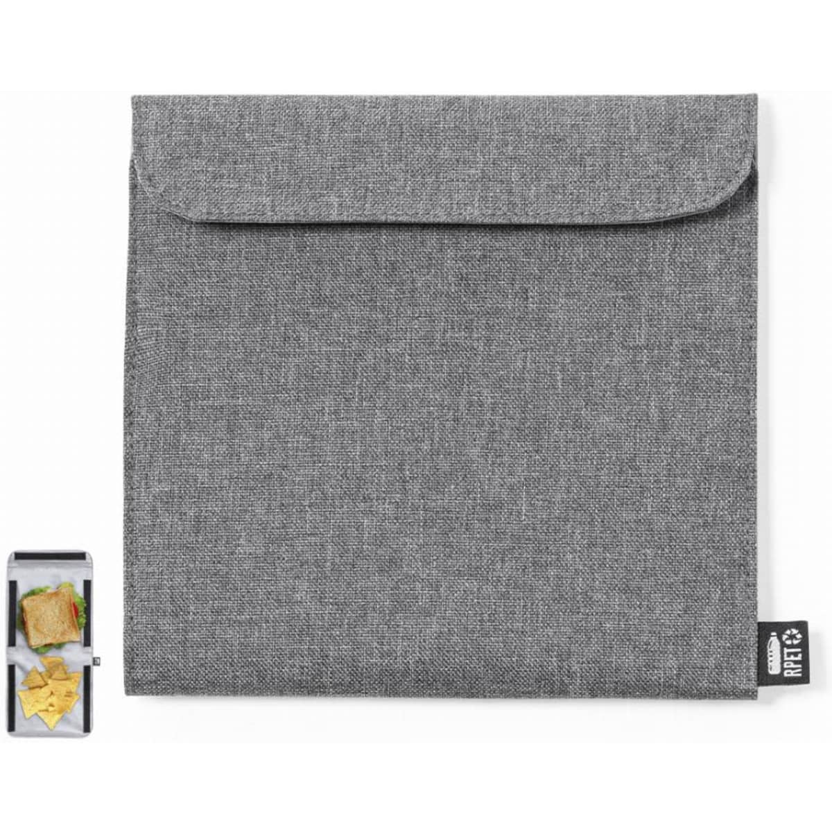 A grey lunch bag with a flap closure, accompanied by a small food container with a sandwich and snacks.