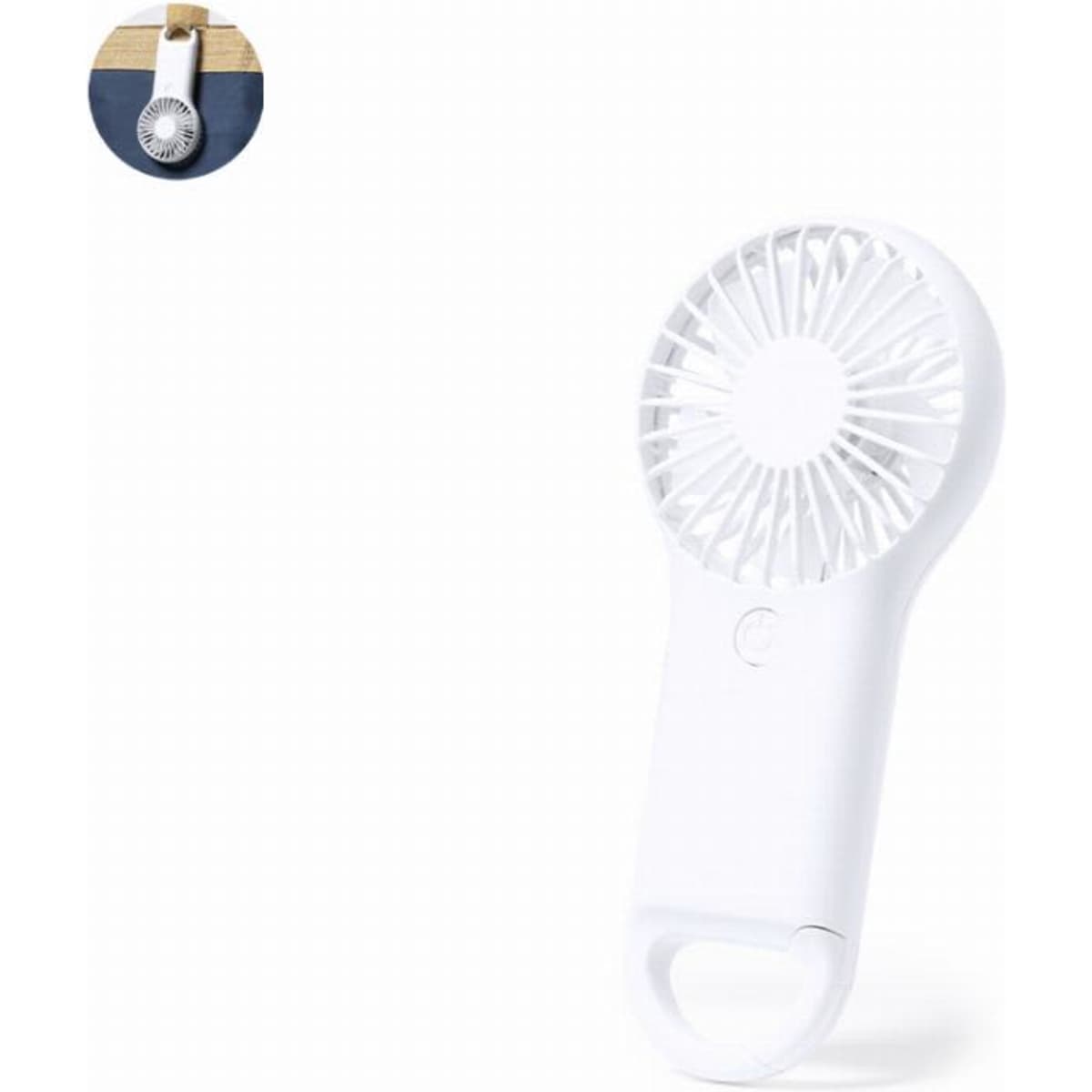 A white portable fan with a clip design, featuring a round fan blade and a button.