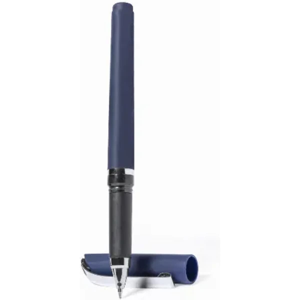A blue pen with a sleek design, featuring a removable cap and silver accents, placed upright on a white background.