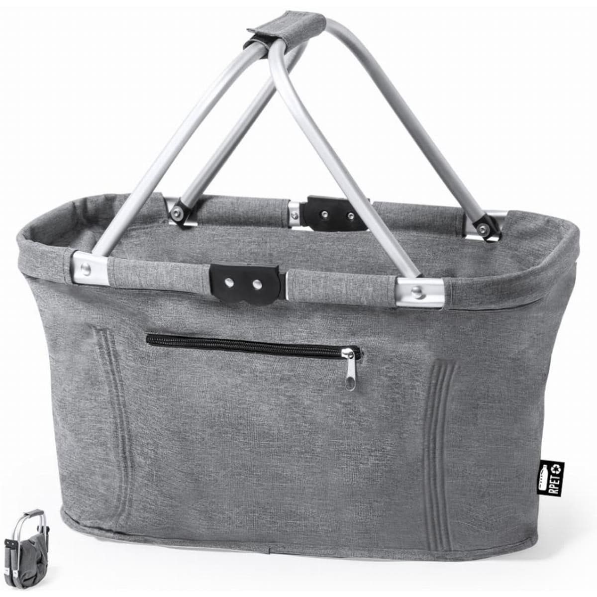 A grey shopping basket with metal handles and a zippered pocket, featuring a logo on the side.