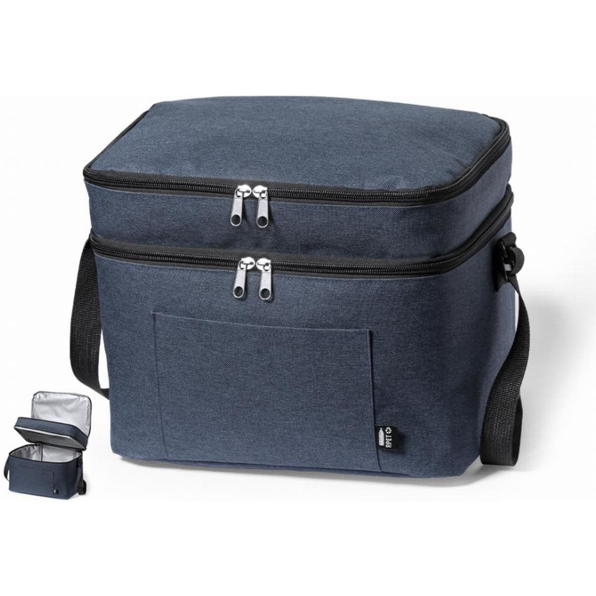 A dark blue insulated cooler bag with a zippered top, featuring a front pocket and a small detachable compartment.