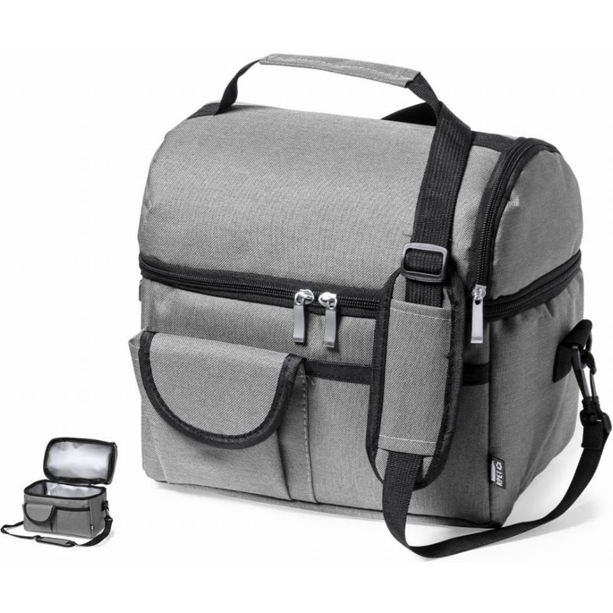 A grey insulated bag with a detachable shoulder strap and a small matching container on the side.