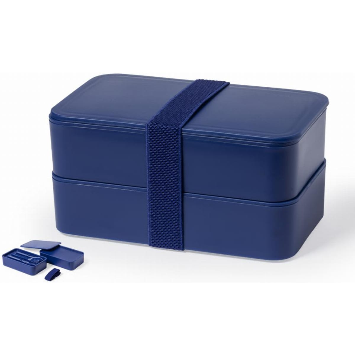 A navy blue lunch box with two stacking containers and a strap, accompanied by a small utensil set.