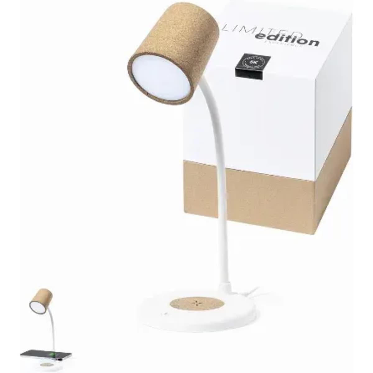 A desk lamp with a white base and a cork lampshade, displayed beside its box.