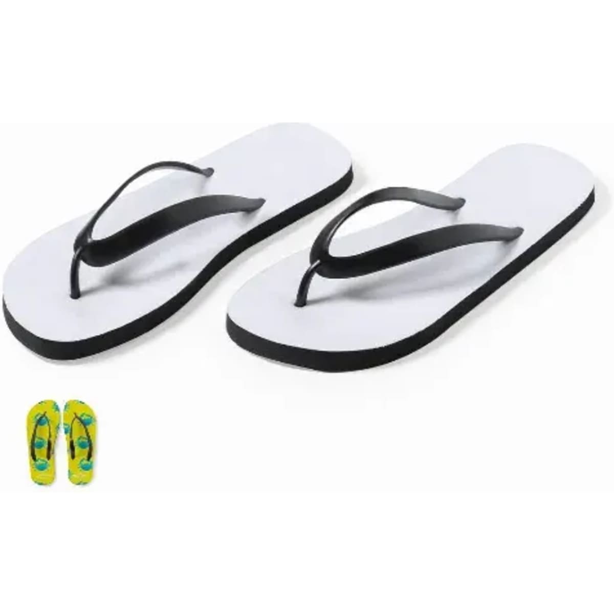 A pair of flip-flops with a white sole and black straps, alongside a smaller pair featuring a colourful design.