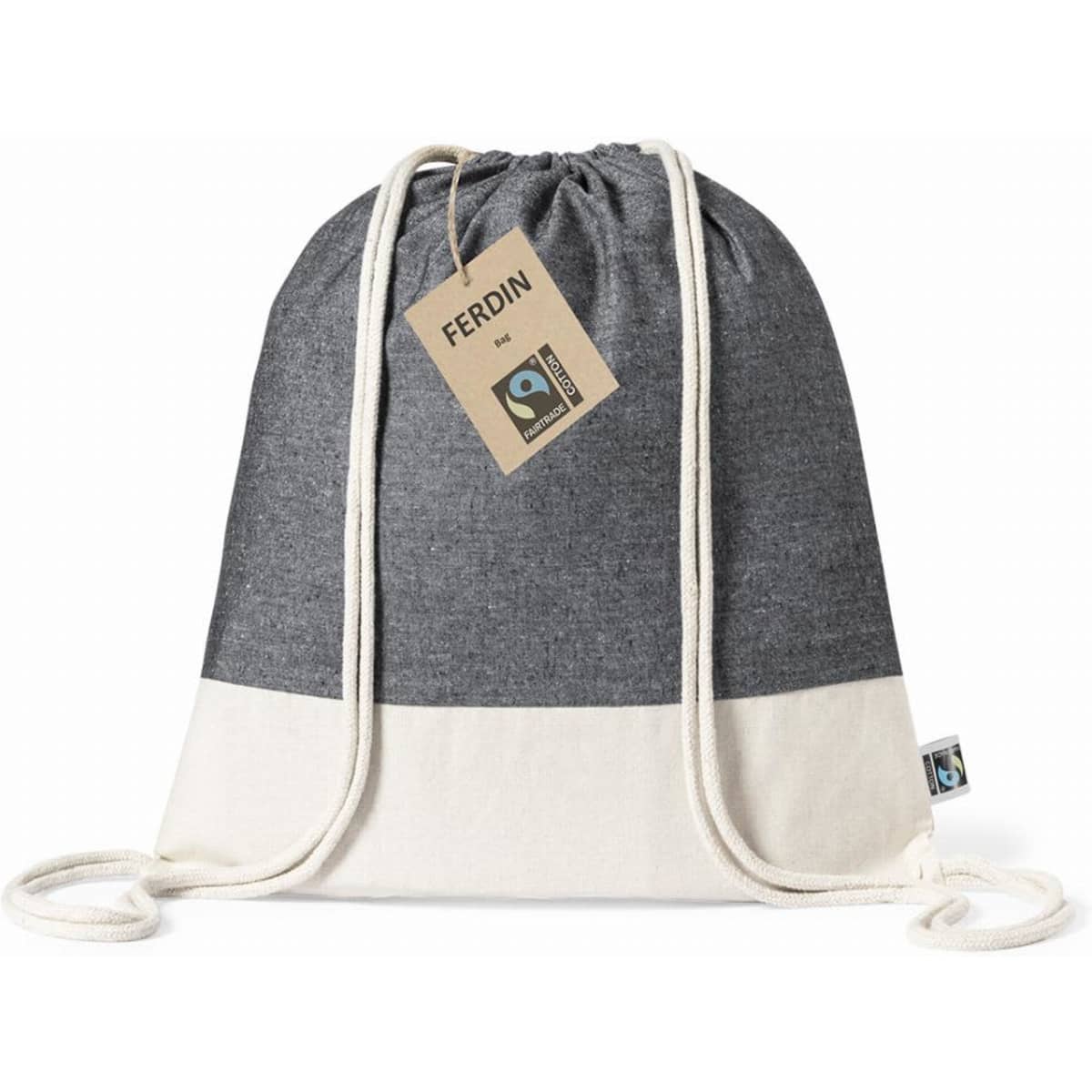 A drawstring backpack in grey and cream colours, featuring a logo and a tag.