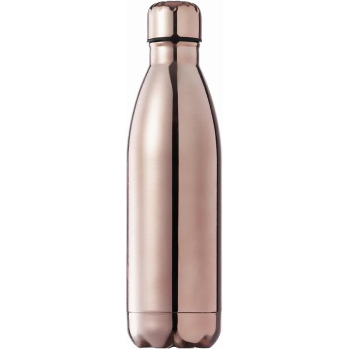 A drink bottle in a rose gold finish with a sleek, stainless steel design and a logo on the body.