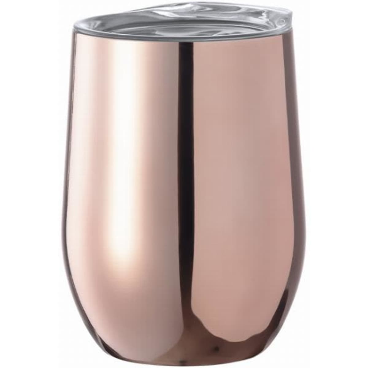 A drink bottle in a glossy rose gold finish, featuring a clear plastic lid and a sleek, rounded design.