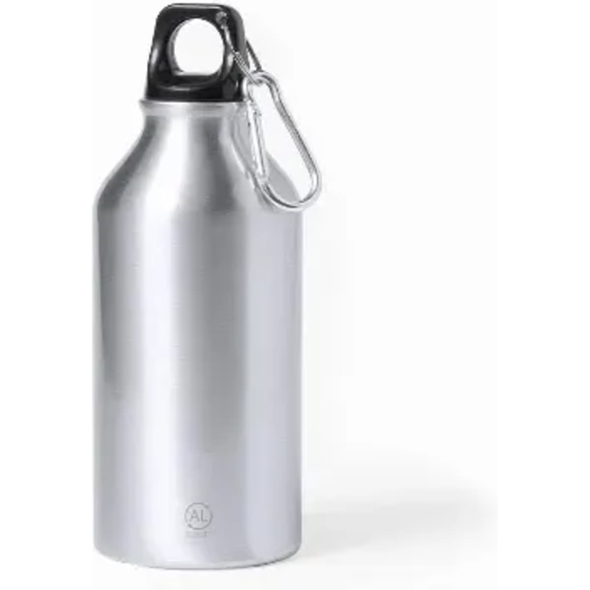 A drink bottle in stainless steel with a black cap and a carabiner clip attached. It features a logo on the surface.