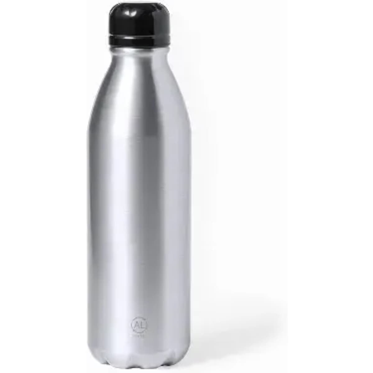 A drink bottle with a sleek silver body and a black screw-on lid, featuring a logo on the base.