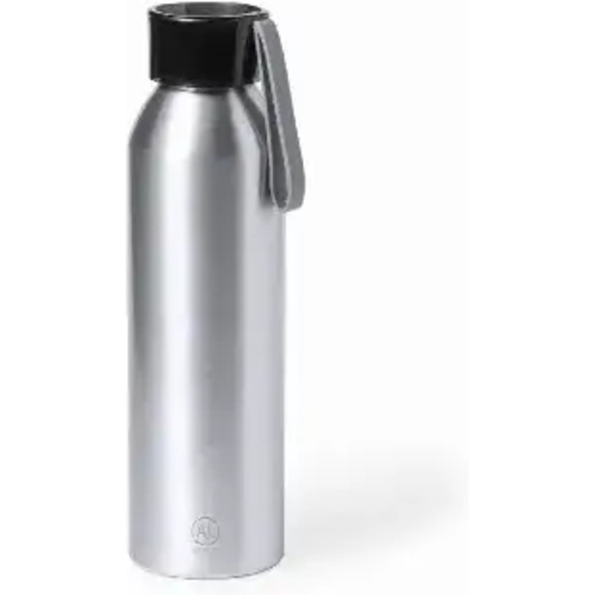 A drink bottle in metallic silver with a black cap and a handle. The bottle has a sleek, cylindrical design.