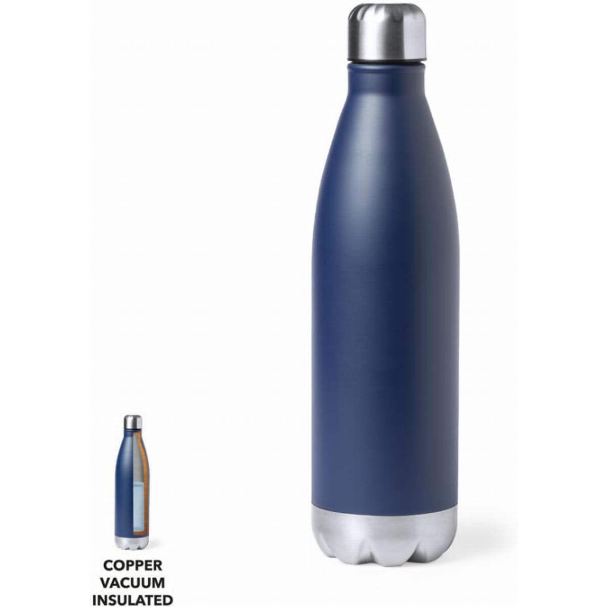 A drink bottle in navy with a silver base, featuring a stainless steel cap and a logo. Copper vacuum insulated design.