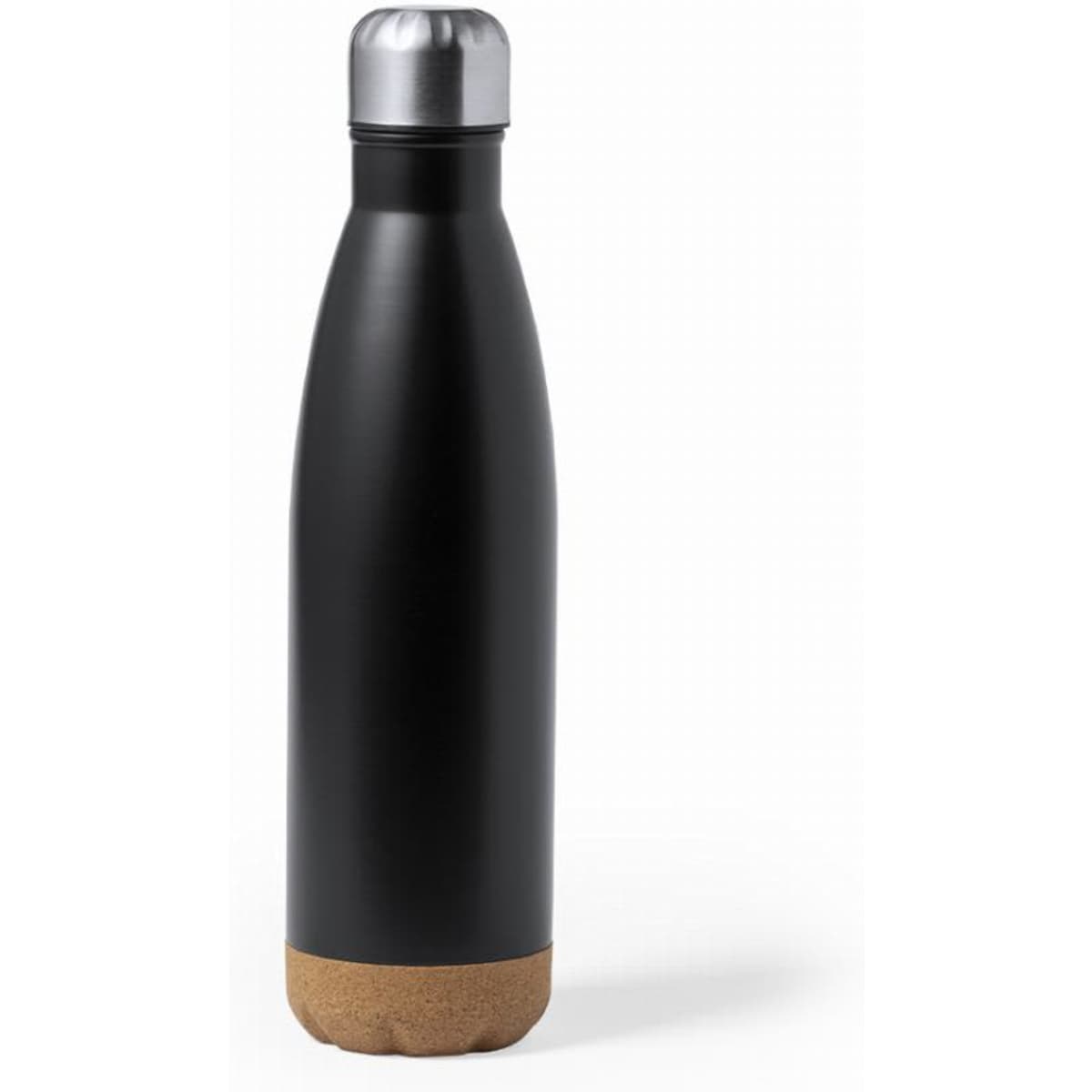 A drink bottle in matte black with a silver cap and a cork base, featuring a sleek, modern design.