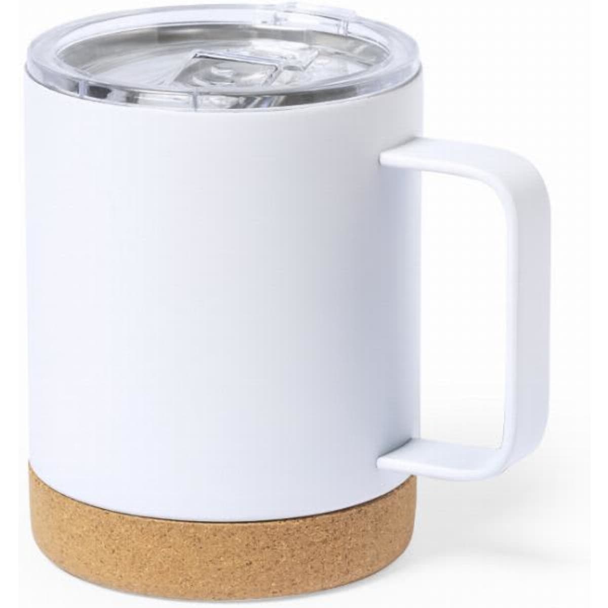 A drink bottle in white with a cork base and transparent lid, featuring a sturdy handle.