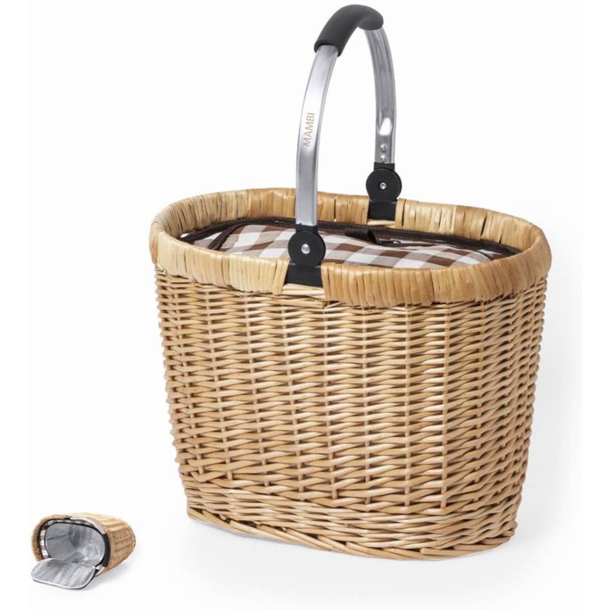 A woven picnic basket with a handle, featuring a checkered lining and a removable cover, in natural and brown tones.