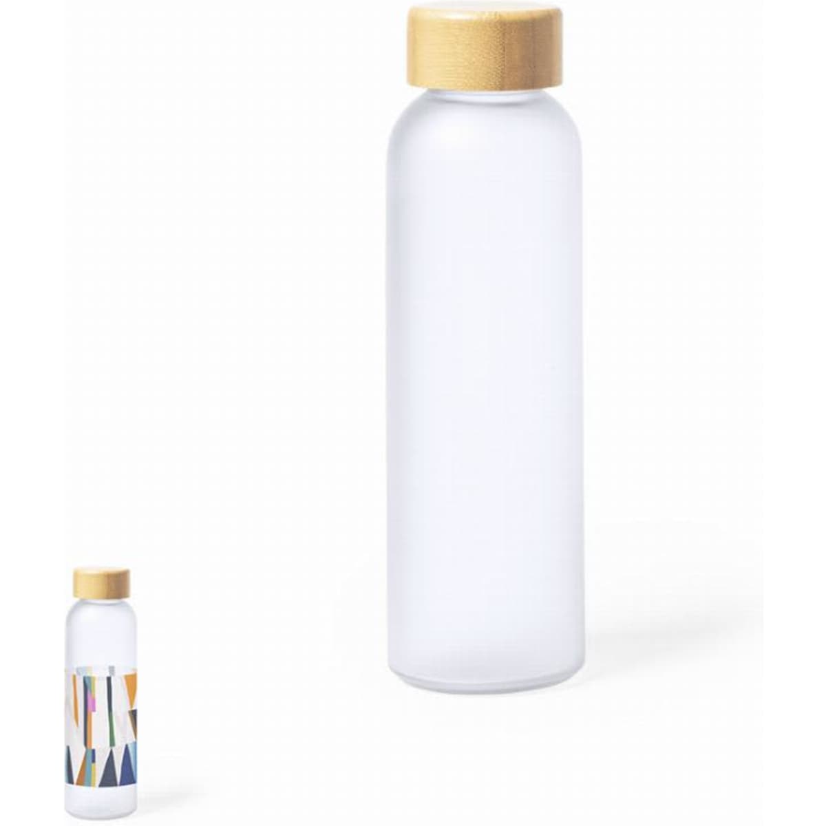 A drink bottle with a transparent body and a wooden-looking cap, featuring a colourful geometric design on one side.