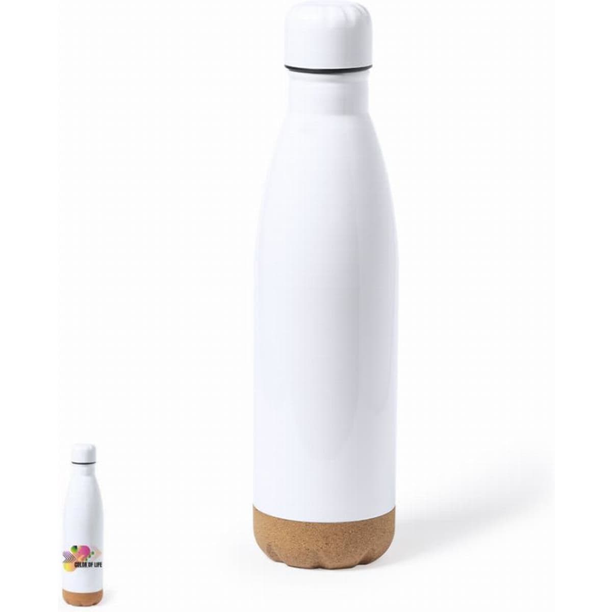 A drink bottle with a white body and a cork base, featuring a logo on the front.