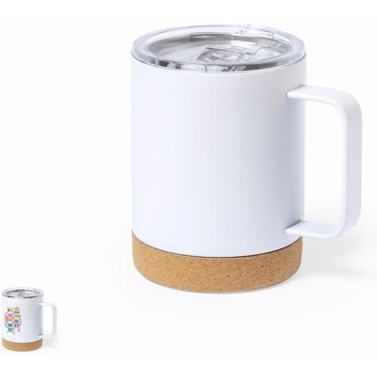 A drink bottle featuring a white body with a cork base and a clear lid. It has a handle for easy carrying.