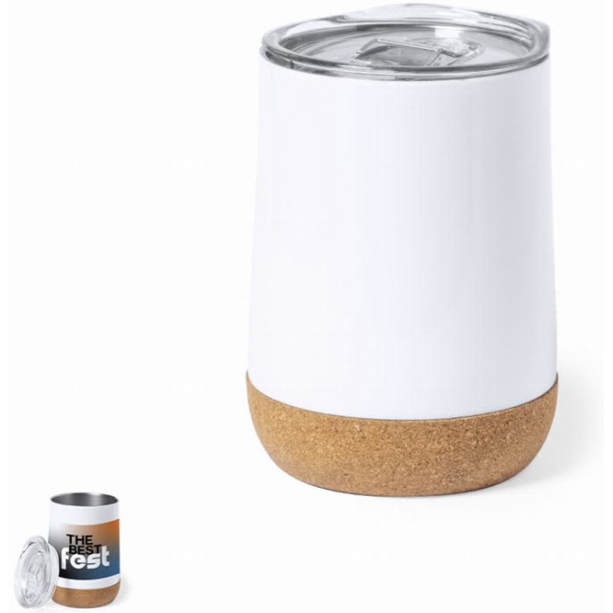 A drink bottle featuring a white upper section and a cork base, with a clear lid. It has a sleek, modern design.