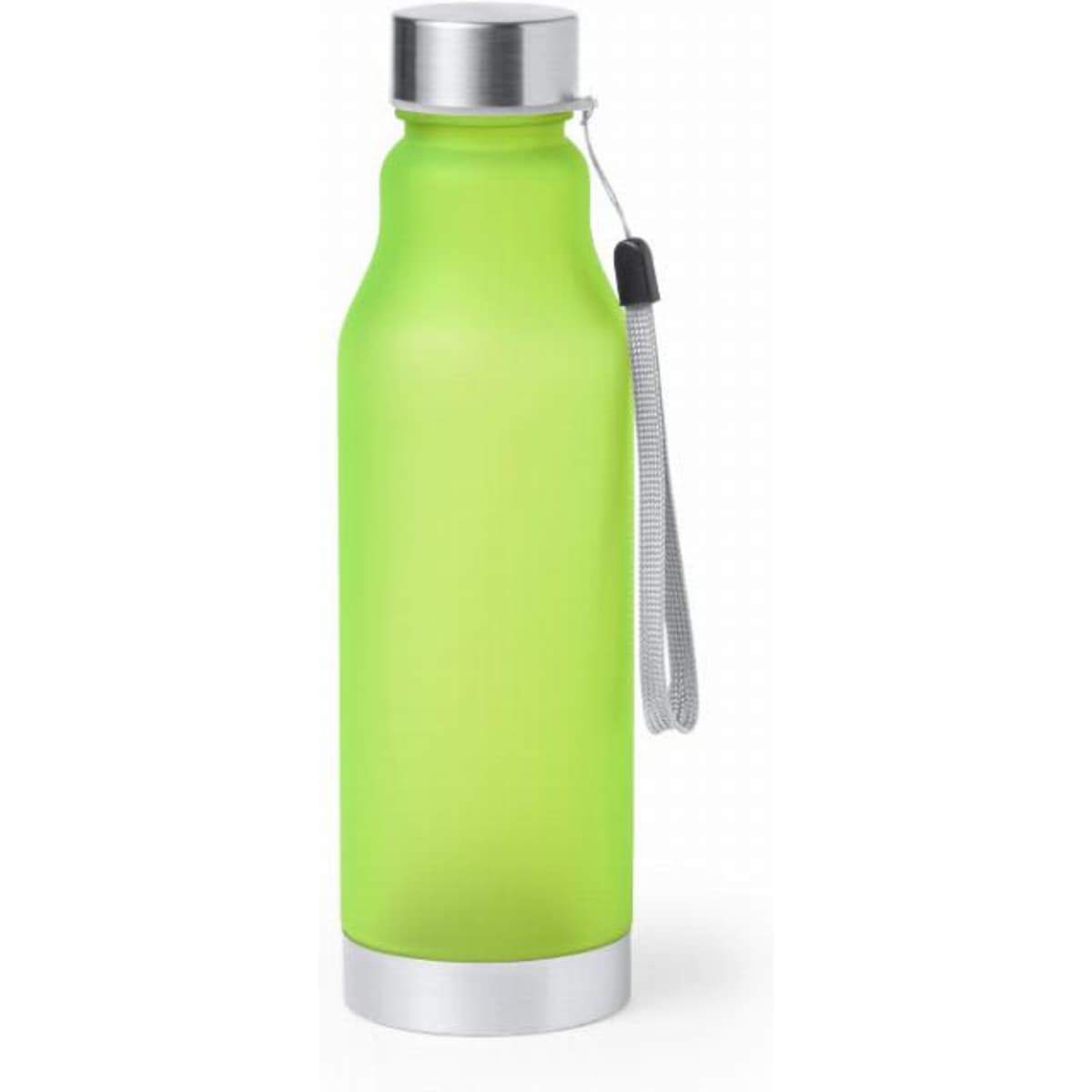 A drink bottle with a matte green finish, silver top, and a grey strap. It features a logo on the body.