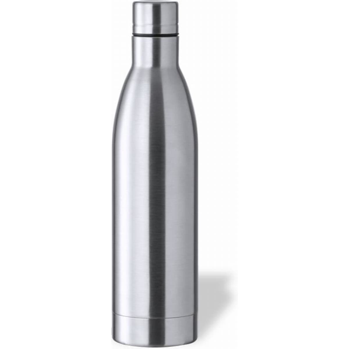 A drink bottle in stainless steel with a sleek, modern design and a fitted cap, featuring a branding logo.