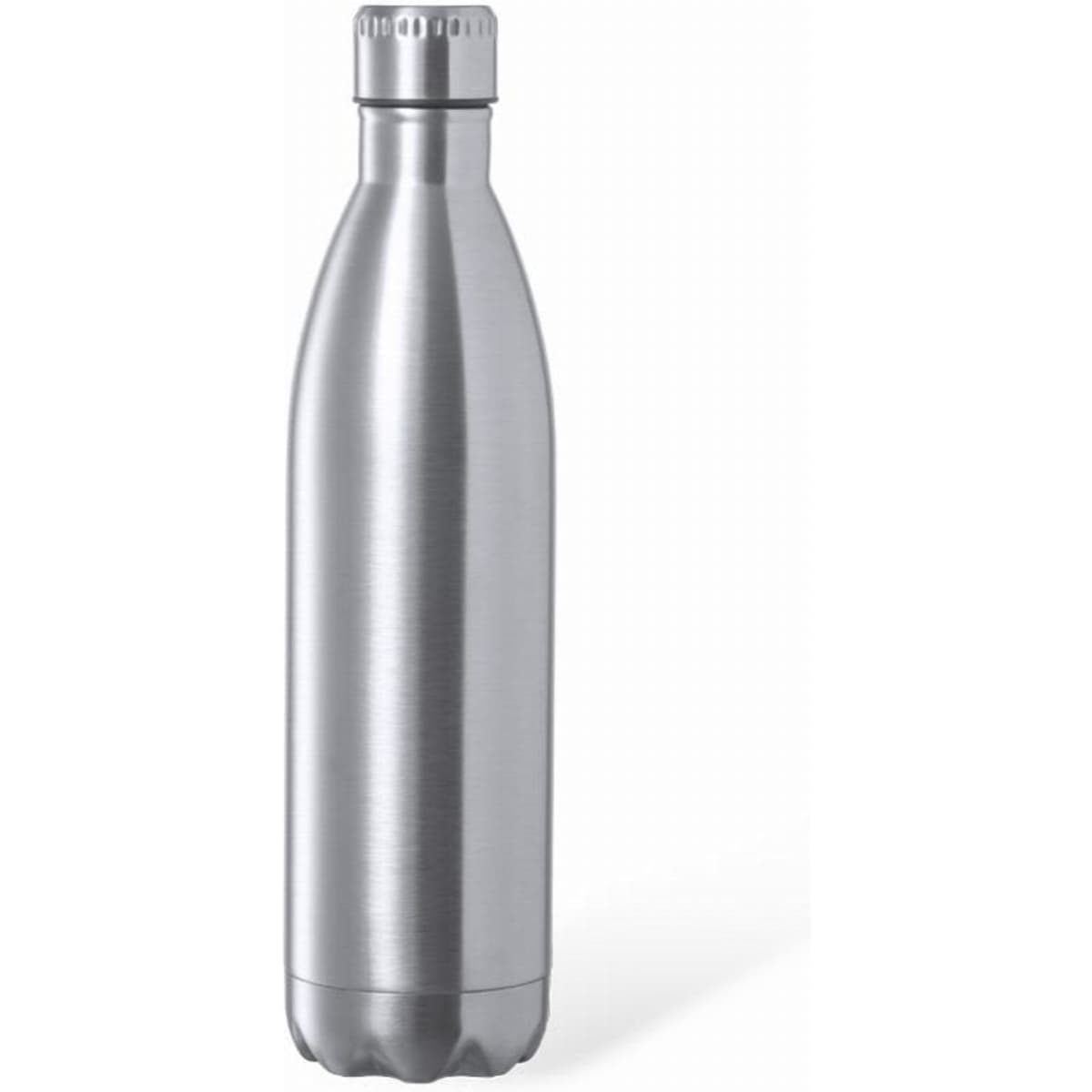 A drink bottle made of stainless steel with a sleek, silver finish and a screw-off lid. It features a logo.