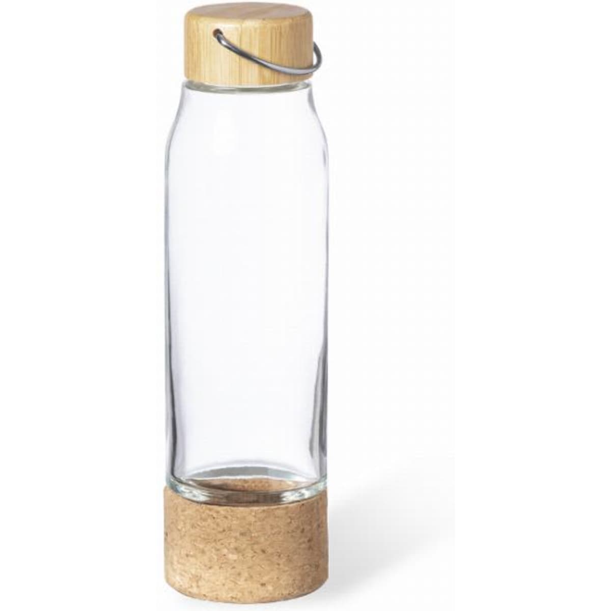 A drink bottle with a clear glass body, a cork base, and a bamboo lid. It includes a metal handle.
