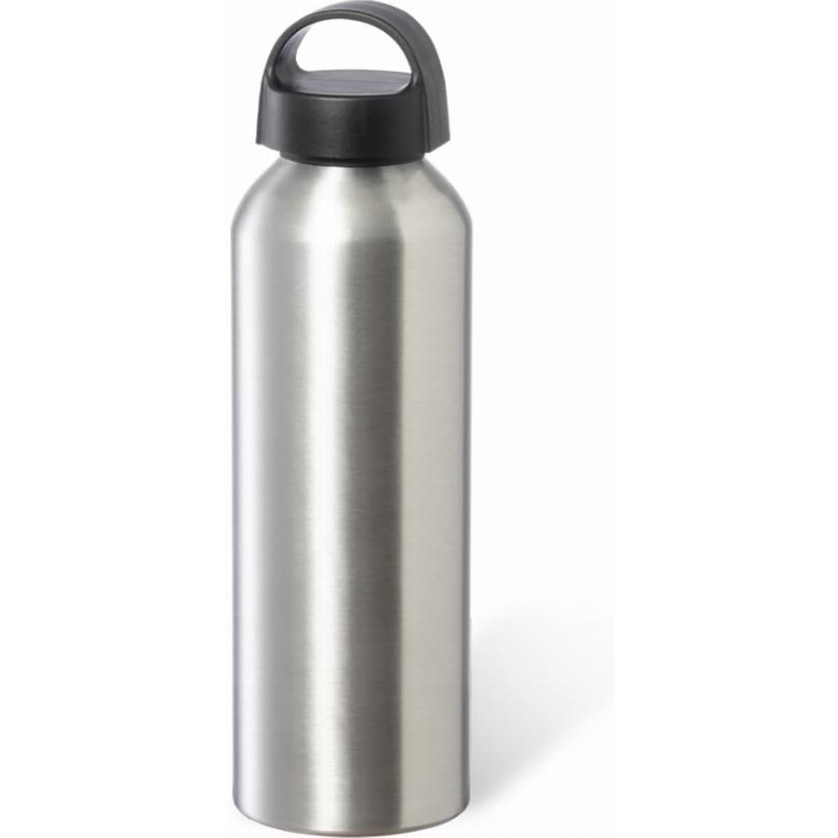 A drink bottle in a sleek silver finish with a black handle and a logo on the front.