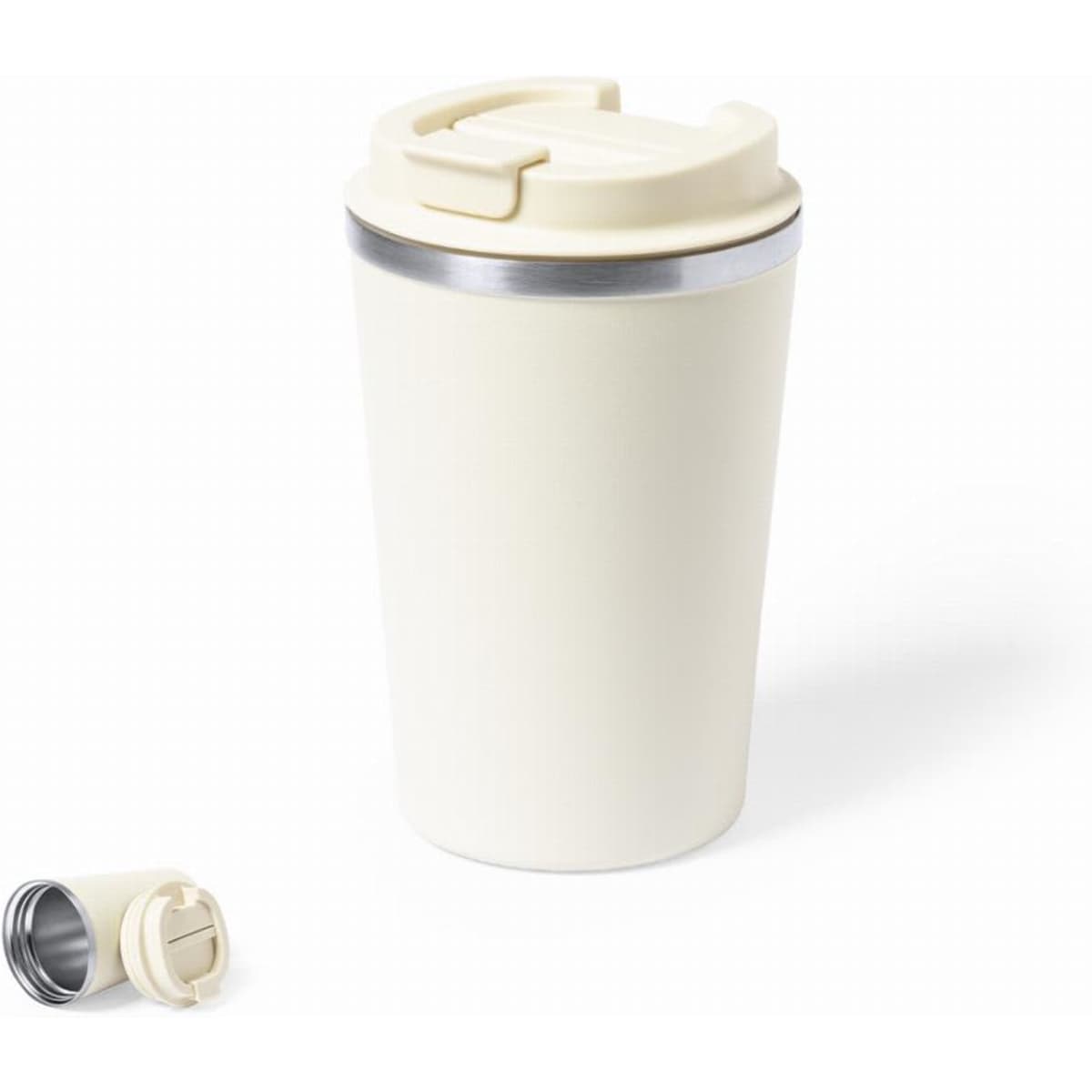 A drink bottle in ivory with a silver band and a snap-close lid, featuring a logo on its side.