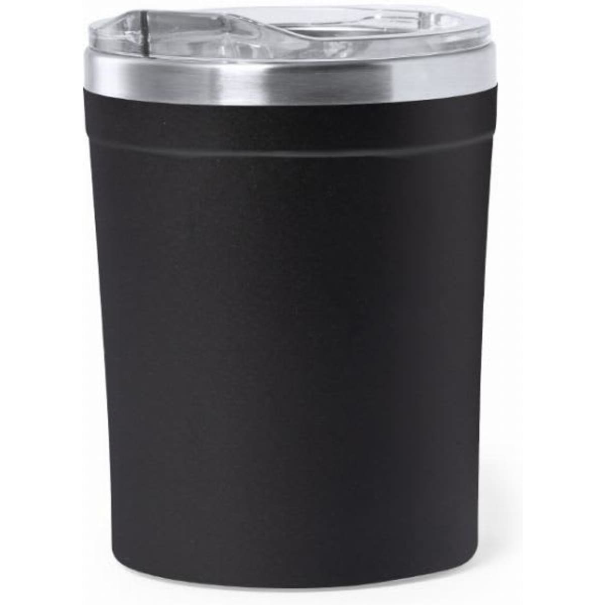 A drink bottle in matte black with a silver lid and a removable straw. It features a logo on the surface.