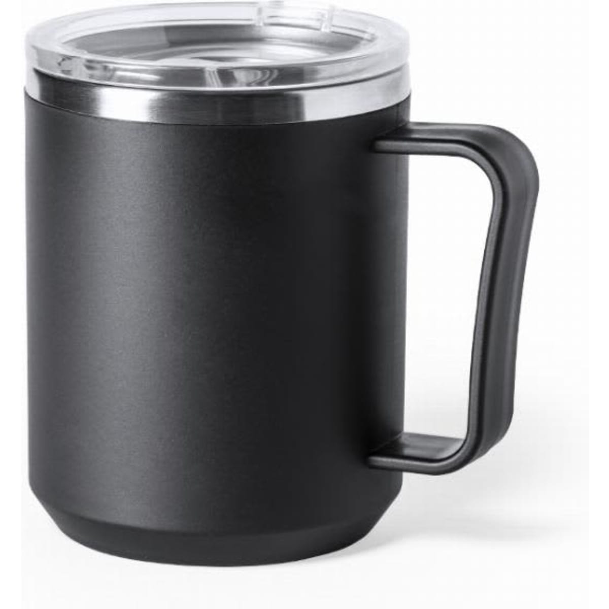 A drink bottle in matte black with a transparent lid and sturdy handle, featuring a stainless steel band.