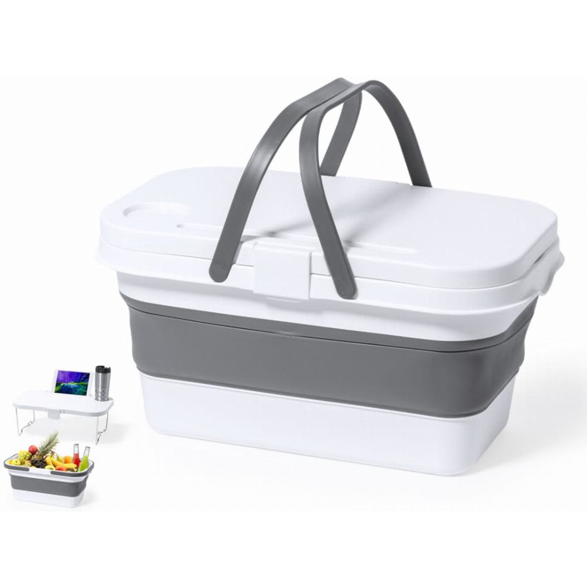 A collapsible storage basket in white and grey with two handles, featuring a sealed lid and various compartments.
