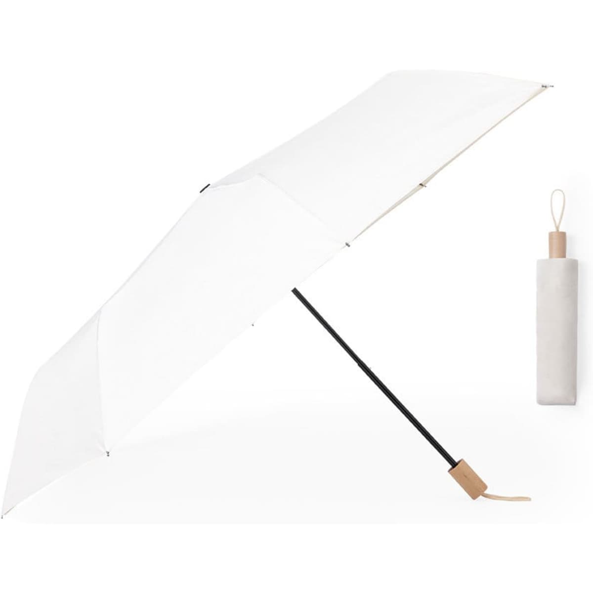 A white umbrella with a black handle, accompanied by a matching storage pouch.