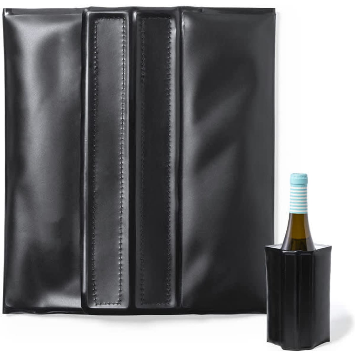 A black insulated wine cooler bag with two vertical stripes, paired with a drink bottle inside.