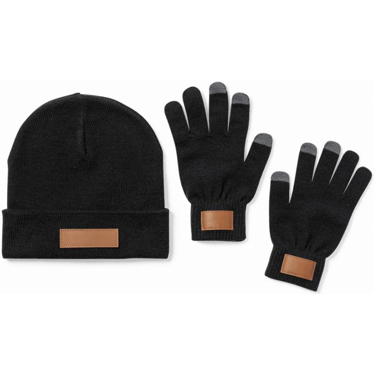 A black beanie and a pair of black gloves with leather patches, featuring touch screen fingertips.