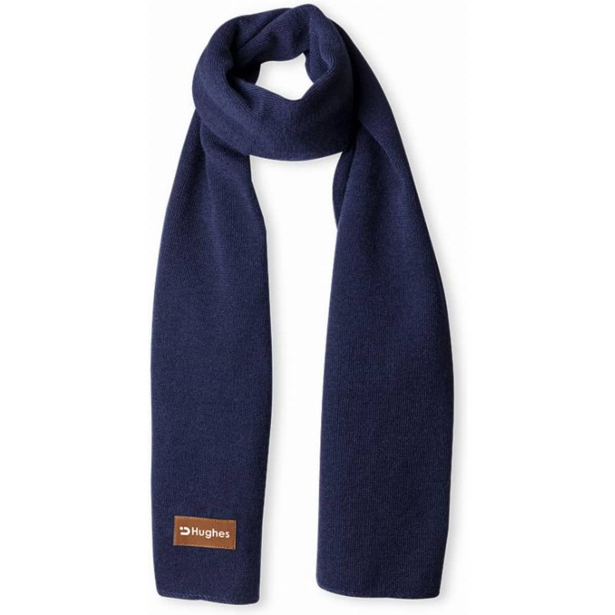A dark navy scarf displayed flat, featuring a small logo tag on one end.