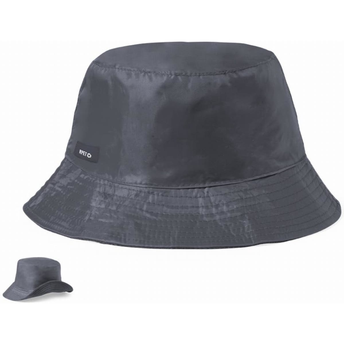 A bucket hat in dark grey, featuring a small logo, with a wide brim and a smooth finish.